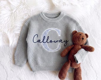 Personalized Baby Name Appliqué Embroidered Sweater, Baby Boy Gift, Toddler Boy Sweater, Kids Birthday Gift