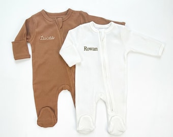 Personalized vintage baby boy bodysuit, embroidered custom name outfit for newborn, coming home outfit
