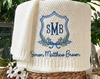 Monogram Baby Boy Blanket With Initials, Classic Royal Cotton Knit, Custom Embroidered Name Crest, Newborn Boy Welcome Home Gift