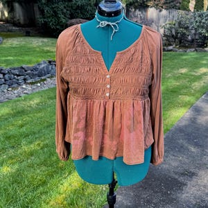 Upcycled Copper Ruffle Tee | Hand-Dyed Bleach Resist Shirt, Red Oak Leaf Design