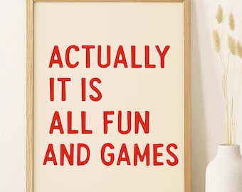 It is All fun and games Print, Retro Wall Art, Trendy Print, Retro Poster, Digital Print, Red Poster, Dorm Decor, Typography, Printable Art