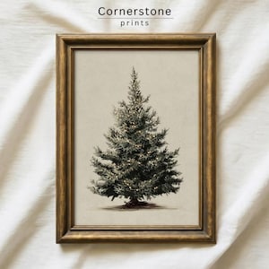 May include: A framed print featuring a detailed illustration of a Christmas tree. The tree is dark green with small, twinkling lights. The frame is a warm, antique gold color. The text "Cornerstone prints" is at the top.