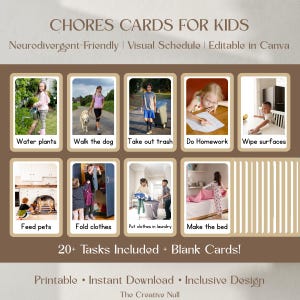Puede incluir: Un cuadro de tareas imprimible para niños con el texto "CHORES CARDS FOR KIDS". El cuadro incluye imágenes y texto para diversas tareas como "Regar las plantas", "Pasear al perro" y "Hacer la cama". El diseño es "Neurodivergent-Friendly" y "Editable in Canva".