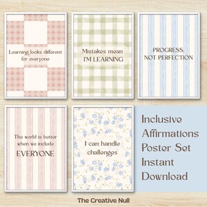 Puede incluir: Un conjunto de seis carteles enmarcados con citas inspiradoras. Los carteles presentan varios patrones, incluyendo florales, cuadros y rayas, con frases como "Los errores significan que estoy aprendiendo" y "Puedo manejar los desafíos".