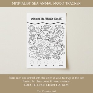 Puede incluir: Un gráfico en blanco y negro "Under the Sea Feelings Tracker" con varias criaturas marinas. El gráfico incluye espacios para colorear y etiquetas para emociones como feliz, tranquilo y triste. También está presente el texto "Daily Feelings Chart for Kids".