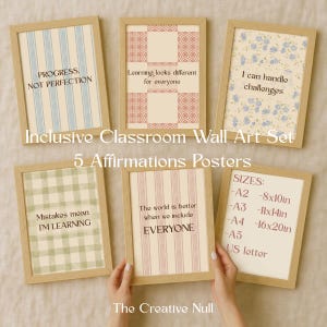 Puede incluir: Cinco carteles enmarcados con citas inspiradoras. Los carteles tienen varios patrones y colores, incluyendo rayas azules, florales y cuadros. El texto en los carteles incluye "Progress, Not Perfection" y "I can handle challenges."