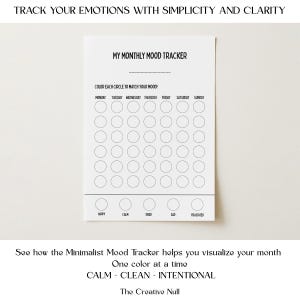 Puede incluir: Un rastreador de estado de ánimo minimalista en papel blanco con el texto "MY MONTHLY MOOD TRACKER". El rastreador incluye círculos para cada día de la semana y etiquetas de estado de ánimo: Feliz, Tranquilo, Cansado, Triste y Frustrado. El texto en la parte superior dice "SIGUE TUS EMOCIONES CON SIMPLICIDAD Y CLARIDAD".