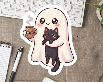 Naklejka z duchem trzymającym czarnego kota, naklejka winylowa na Halloween na butelkę z wodą na laptopa Kindle, upiorny prezent książkowy dla kocich mam i czytelników