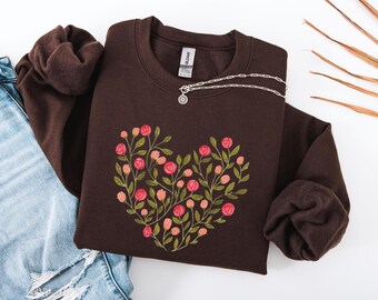 Floral Heart Sweatshirt, Wildflower Shirt, Cottagecore Gift For Her, Botanical Flower Crewneck, Nature Pullover