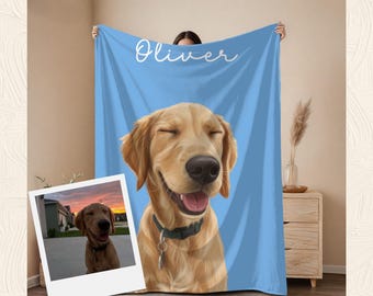 Custom Pet Blanket With Photo + Name, Personalized Dog or Cat Portrait Gift, Pet Memorial