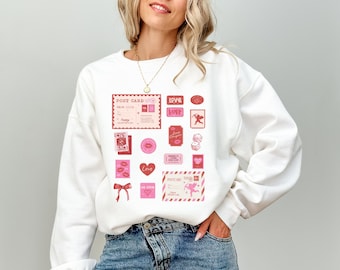 Valentine Stamps Sweatshirt, Love Letter Crewneck For Her, Romantic Vintage Collage Sweater