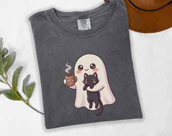 Cute Ghost Holding Black Cat Shirt, Halloween Comfort Colors Tee, Spooky Season Gift for Cat Mom, Cozy Fall Graphic Tee for Cat Lovers
