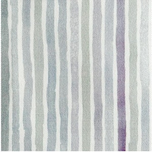 May include: A woven textile with vertical stripes in shades of white, gray, blue, and purple. The stripes have a slightly irregular, wavy appearance, creating a textured effect. The fabric appears to be made of a durable material.