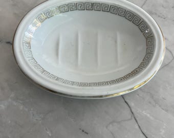 Vintage Lefton China Greek key gold soap dish