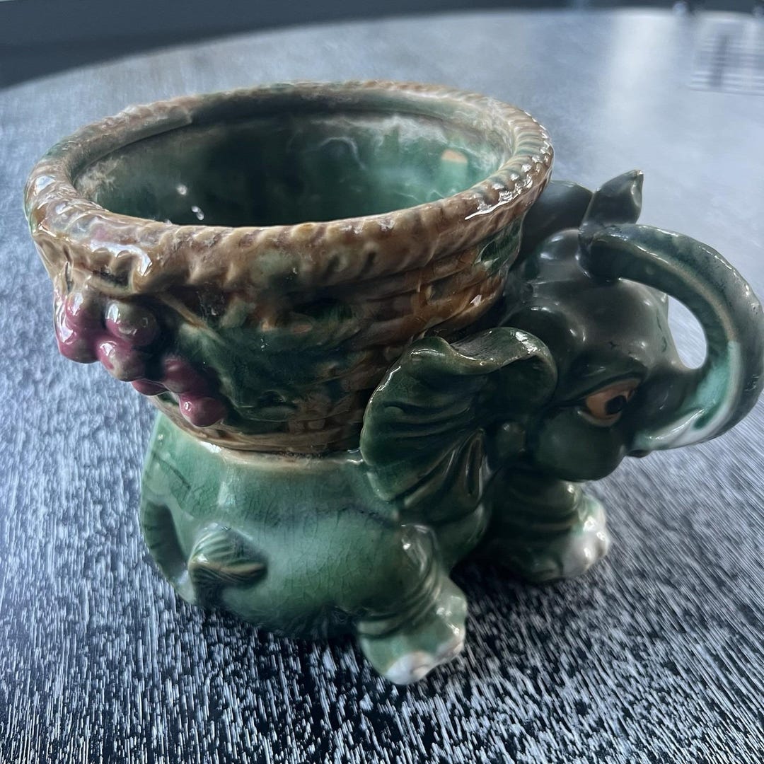 Vintage Majolica Style Ceramic Elephant Lucky Green Trunk Up - Etsy Canada