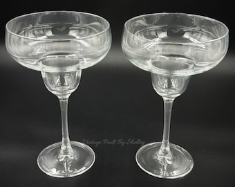 Vintage Margarita Glasses Pair | Clear Glass Cocktail Stemware | 1990s Barware | 7.5" Tall, Set of 2