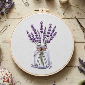 Lavendel Blumenstrauß Stickpackung für Anfänger: Rustikales Einmachglas Blumenmuster