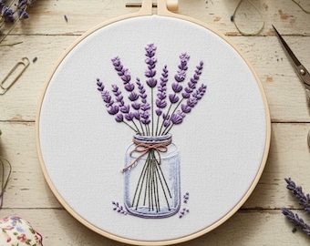 Lavendelborduurpakket voor beginners: eenvoudig boeket, cottagecore-stijl, florale hoepelkunst