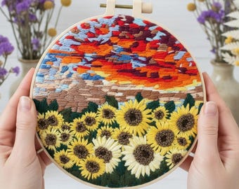Sunflower Sunrise Embroidery Kit for Beginners: Vibrant Floral Landscape Hoop Art