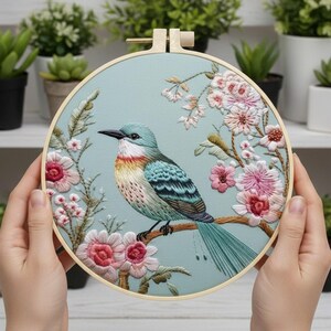 Bluebird & Blossoms Embroidery Kit for Beginners: Elegant Spring Hoop Art