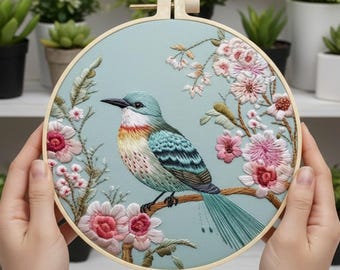 Blossoming Bird Embroidery Kit for Beginners – Spring Flowers Songbird Hoop Art