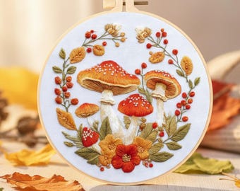 Autumn Woodland Mushroom Embroidery Kit – Fall Toadstool Hoop Art, Modern Hand Stitch for Beginners