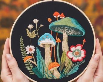 Whimsical Forest Mushrooms Embroidery Kit for Beginners: Colorful Woodland Hoop Art