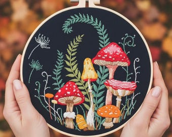 Autumn Toadstools Embroidery Kit for Beginners: Colorful Woodland Mushrooms Hoop Art