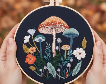 Woodland Mushrooms Embroidery Kit for Beginners: Autumn Forest Floral Hoop Art