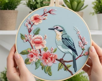 Blossom Branch Bird Embroidery Kit for Beginners: Spring Garden Hoop Art
