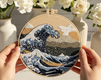 Kit de bordado de olas gigantes para principiantes: Bastidor de arte oceánico japonés