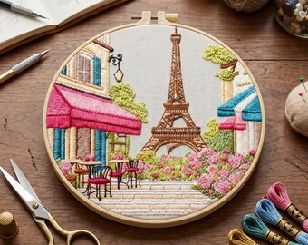 Kit de bordado de París, arte en bastidor de la Torre Eiffel, bordado de café francés, paisaje romántico para principiantes