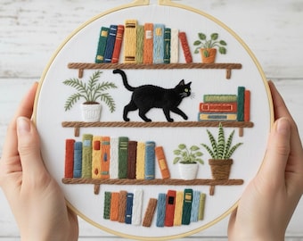 Black Cat on Bookshelf Embroidery Kit for Beginners: Cozy Library Hoop Art