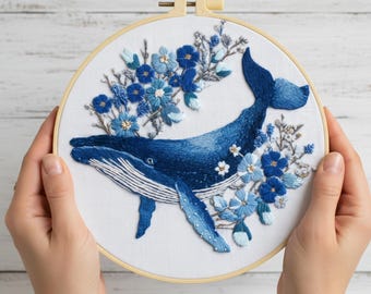 Blue Whale Embroidery Kit for Beginners: Ocean Flowers Hoop Art