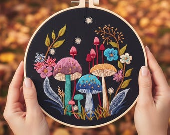Enchanted Mushrooms Embroidery Kit for Beginners: Colorful Forest Hoop Art