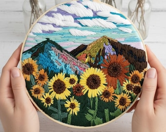 Mountain Embroidery Kit for Beginners: Vibrant Floral Landscape Hoop Art