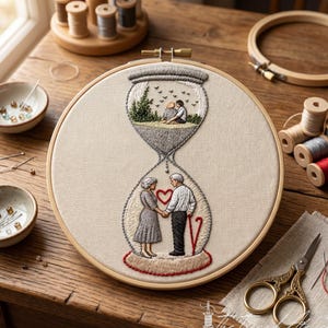 Puede incluir: Una pieza de arte bordada en un bastidor, con un diseño de reloj de arena. La sección superior representa a una pareja abrazándose, mientras que la inferior muestra a una pareja de ancianos tomados de la mano. El diseño utiliza hilo gris, verde, rojo y beige.
