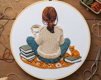 Kit de bordado "Momento de lectura acogedor" para principiantes: Arte con libros, té y aros de gato