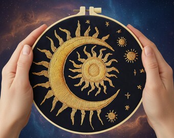 Celestial Sun & Moon Stickerei Kit für Anfänger: Gold Cosmic Hoop Art