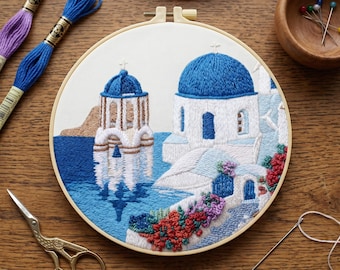 Kit de bordado de Santorini, arte con aro de cúpula azul de la isla griega, bordado de viaje, paisaje floral para principiantes