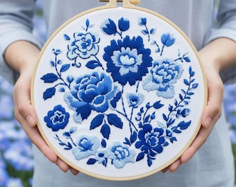 Blue Flowers Embroidery Kit for Beginners: Floral Needlework