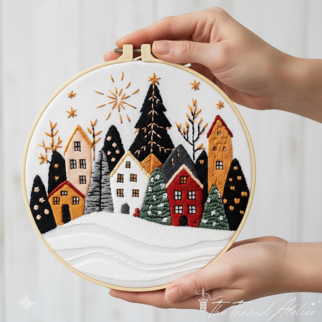 Winter Village Embroidery Kit for Beginners: Festive Snowy Houses Hoop ...