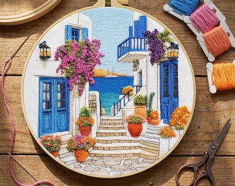 Kit de bordado de Grecia para principiantes: paisaje mediterráneo. Arte en bastidor de punto de aguja.