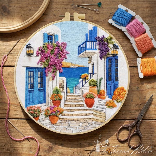 Greece Embroidery Kit for Beginners – Mediterranean Landscape Needlepoint Hoop Art