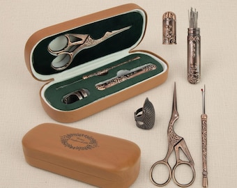 Kit de costura retro: conjunto vintage completo, bronce antiguo, bordado y costura en plata con estuche