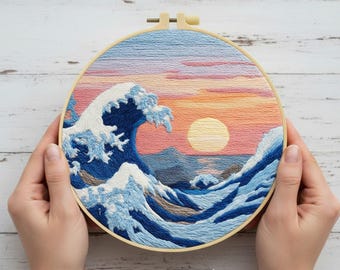 Ocean Wave Sunrise Embroidery Kit for Beginners: Japanese Seascape Hoop Art