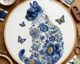 Kit de bordado floral de gato azul para principiantes: Arte botánico de felinos y mariposas en aro