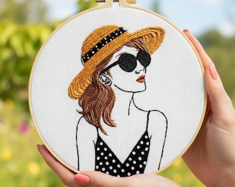 Summer Elegance Embroidery Kit for Beginners: Lady in Polka Dot Dress & Hat Hoop Art