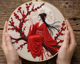 Kit de bordado japonés para dama, arte en aro de kimono con flores de cerezo rojas, bordado floral asiático para principiantes