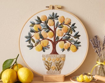 Kit de bordado de limonero de Amalfi, patrón de cítricos italianos, costura para principiantes, arte de bastidor DIY